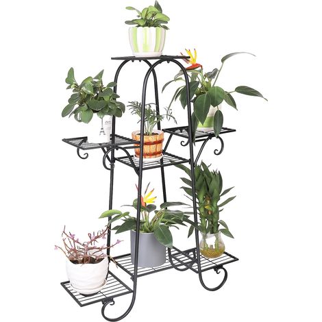 Supporto per piante a 7 ripiani, struttura robusta in metallo, colore nero. (1/2)