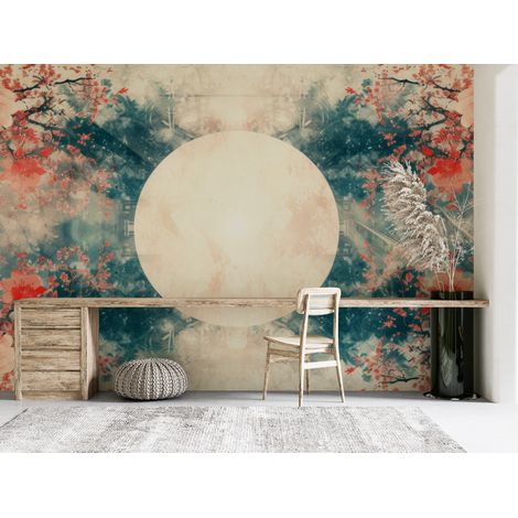Papier peint nature - pleine lune mystique et fleurs de cerisier rouges - 500 x 270 cm (1/2)