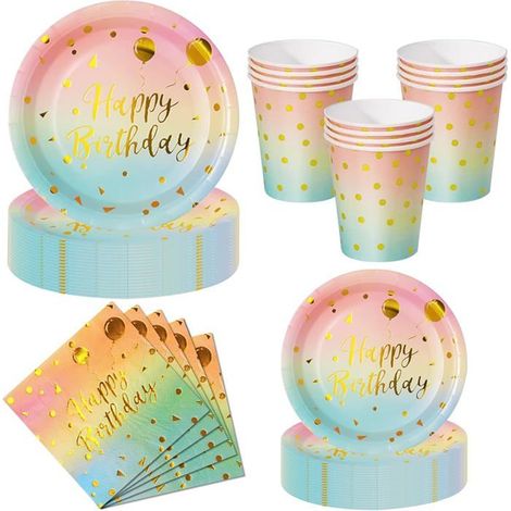 50 pièces vaisselle jetable anniversaire, design arc-en-ciel et or, assiettes 23 cm + gobelets + serviettes, fête enfants et adultes (1/5)