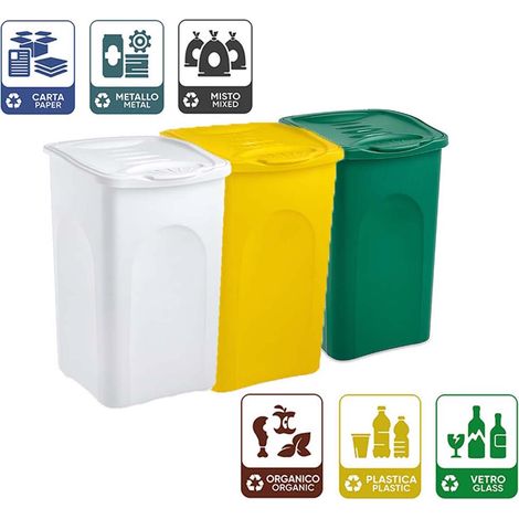 Set 3 Bidoni pattumiere contenitori con coperchio per la Raccolta Differenziata 50 litri Bianco giallo Verde per Plastica Carta Vetro Indifferenziato metallo organico casa ufficio locale commerciale (1/5)