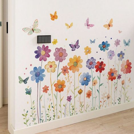 2 pièces - Décalcomanies murales fleurs et papillons colorées, stickers muraux floraux adhésifs pour chambre de fille, salon et fond de canapé, décoration murale à faire soi-même pour la maison (1/5)