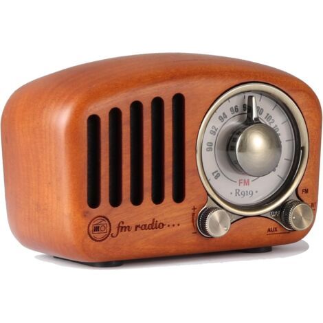 J-919 Radio Portable Rechargeable Classique Bois Rétro FM, Lecteur MP3 Via SD, Bluetooth, AUXiliaire, avec Cadran de 270°(Bois de Cerisier) (1/2)