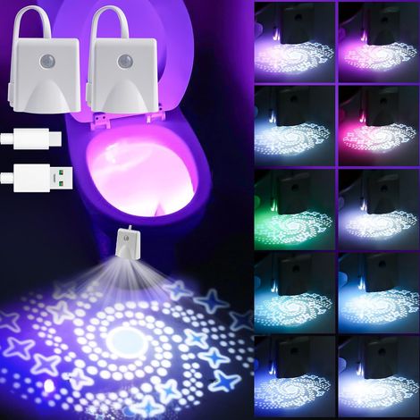 2 pièces Lumière pour toilettes avec détecteur de mouvement, Lumières pour toilettes à l'intérieur, 16 couleurs Lumière de nuit pour cuvette de toilettes avec lampe de projection, Éclairage d (1/5)