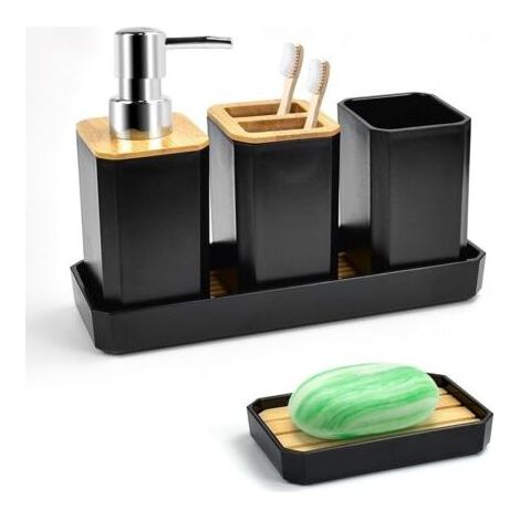 Badezimmer-Zubehörset mit Zahnbürstenhalter, Zahnbürstenbecher, Seifenspender, Seifenschale und Ablage (Schwarz) (1/5)