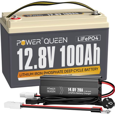 Power Queen – Batterie lithium 12V 100Ah 1280Wh LiFePO4 – Chargeur 14,6V 20A – BMS intégré pour sécurité – Compatible systèmes solaires et camping-cars