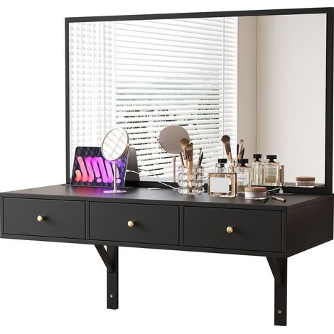 Coiffeuse murale avec miroir, 3 tiroirs, prise intégrée, emplacement tablette et porte-gobelet, meuble maquillage noir 100 x 45 x 105 cm - CHICFURN (1/5)