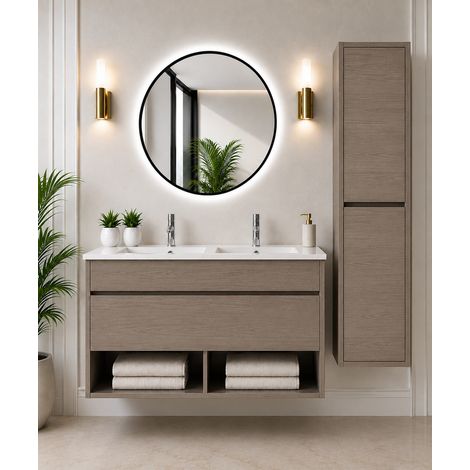 Badmöbel hängend mit Waschbecken extra flach ORIGENBATH NEBARI mit Schublade ohne Spiegel 120x45 cm Doppelwaschbecken Smoky-Eiche mit Säule (1/5)