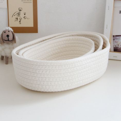 Boîte de rangement de bureau en 3 pièces pour cosmétiques, collations et articles d'entrée panier de rangement en fil de coton tissé à la main panier en forme de bateau boîte de rangement blanc cas (1/5)