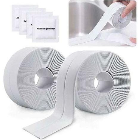 2 Rouleaux Bande Etancheite Autocollante Imperméable,PVC Ruban Adhesif de Scellage Mural,Douche,Toilette,Cuisine,Salle de Bains (Blanc) (1/4)