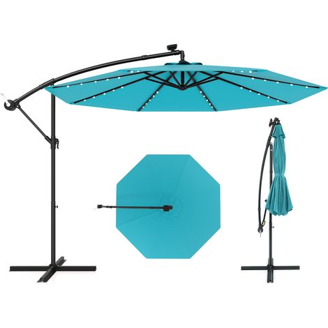 Parasol Déporté Excentré 3M Hexagonale, avec 40 LED Solaire, Inclinable, 8 Baleines en Métal, Base Croisée, Parasol à Manivelle, Turquoise