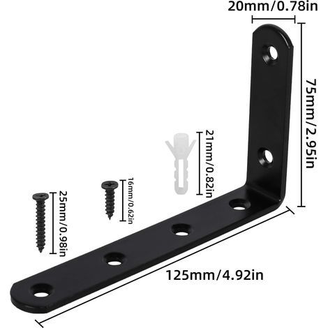 8-teiliges Wandregal-Set mit 48 Schrauben, L-förmige Wandregalträger, Befestigungswinkel für dekorative Regale in Küche, Schlafzimmer, Hängemöbel und Schränke, 125 x 75 x 3 mm, schwarzes Eisen (1/4)