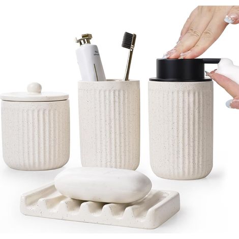 Ensemble de 4 accessoires de salle de bain en céramique Beige Contient 350 ml distributeur de savon mousse, gobelet à brosse à dents, porte-savon, récipient à cotons-tiges, décoration élégante (1/5)