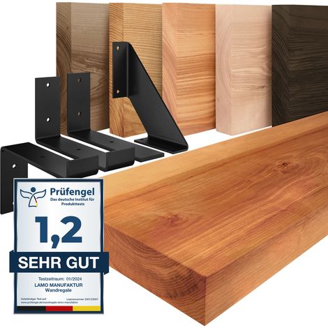 LAMO Manufaktur étagère murale en bois massif, bord régulier, étagère de rangement Vintage, bois foncé / équerre blanche 140cm, LWG-01-A-004-140VW
