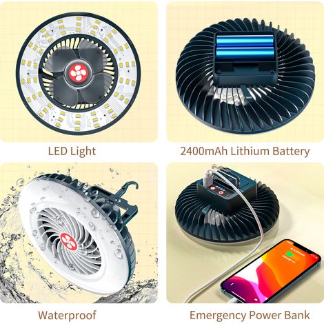Ventilateur suspendu LED 2 en 1 pour tente de camping avec crochet de suspension et aimant au dos, ventilateur de plafond LED pour le camping, le bureau, la voiture, les situations d'urgence, les dort (1/4)