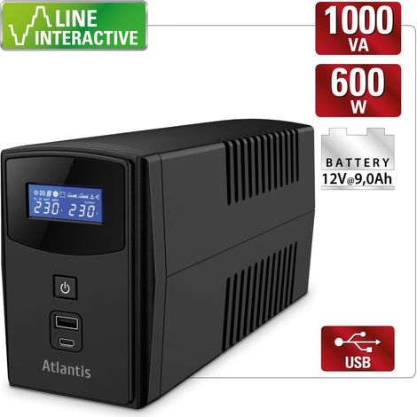 Atlantis Land Gruppo Di Continuità A03-S1000P 1000VA 600W Line Interactive Onda Pseudosinusoidale Display LCD 2 Uscite Schuko USB (1/4)