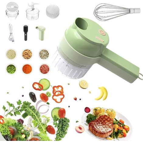 Hachoir à Légumes sans Fil - Électrique 4-En-1 pour Hacher, Couper et Fouetter - Avec Brosse de Nettoyage et Câble de Charge - 1 Pièce (1/5)