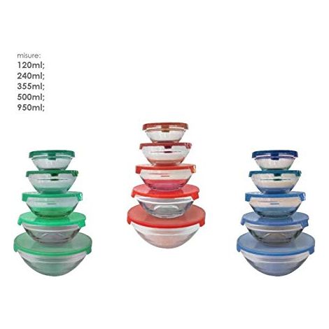 Set 5 CONTENITORI Cibo Vetro CONSERVA Alimenti con COPERCHI Cucina IMPILABILE