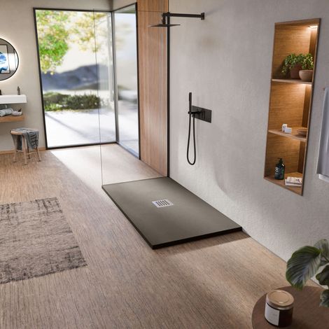 BELLOBATH - Receveur de douche en résine antidérapante - Texture ardoise lisse - Avec la bonde et la grille comprises - Cacao - 75 X 100 cm