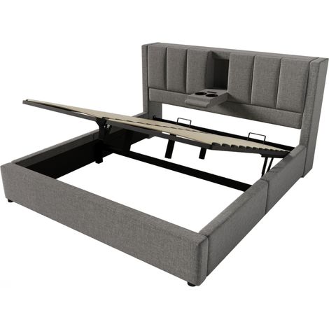 Cama con almacenaje tapizada 160x200 cm gris en lino con colchón, puerto USB y portavasos (1/5)
