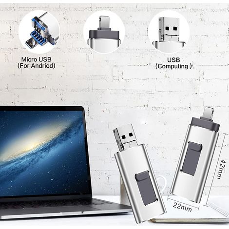 Cle USB - 64 Go - USB 3.0 - Compatible iPhone Android Ordinateur - Avec Connecteur Lightning Micro-USB USB-A - Clé de Stockage Multidispositif