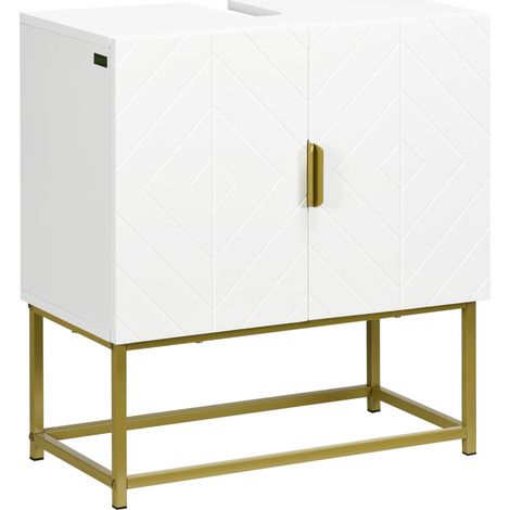Meuble sous lavabo meuble de salle de bain avec placard double porte pieds en acier doré 60 x 30 x 65 cm blanc (1/5)