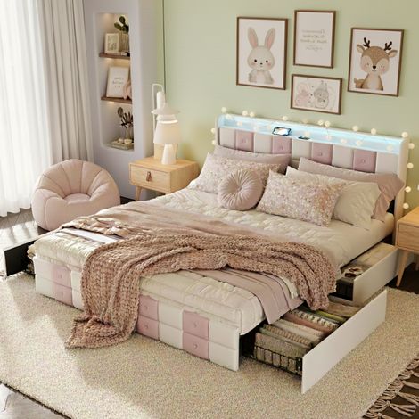 Doppelbett 160x200 cm - mit Karomuster Kopfteil - 4 Schubladen - verstellbare LED-Beleuchtung und USB-Ports - Samtmaterial - Erwachsenenbett - Rosa