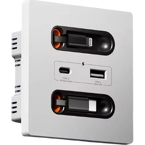 Prise murale intelligente universelle avec câble de charge rapide 20 W, port USB-C, panneau d'alimentation pour PC, charge de téléphone portable USB-C
