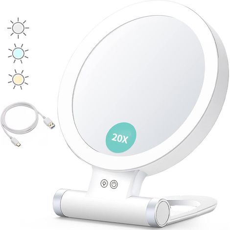 Miroir grossissant avec lumière, 20x/1x, Double Face, Miroir de Maquillage Portable, éclairage 3 Couleurs, écran Tactile à intensité Variable (1/5)
