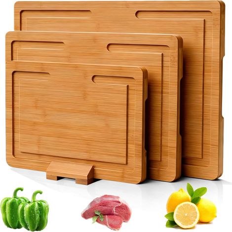 Lot De 3 Planches À Découper, Planche A Decouper Bois, 40.7281.5cm/32221.5cm/25.417.81.5cm Planches À Découper En Bois Naturel, Planche De Cuisine Avec Rainure Pour Viande, Légumes Et Fromage (1/5)