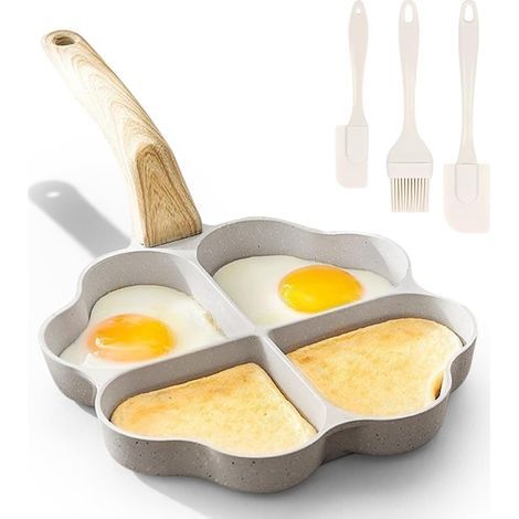 Padella per uova a forma di cuore con 4 fori - Antiaderente con 3 spatole in silicone, manico in legno - Per pancake e omelette (1/5)