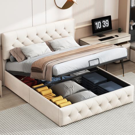 Lit coffre 140x200 cm avec rangement hydraulique, Lit 140x200 cm avec sommier à lattes, Tête de lit capitonné, Velours, Beige (1/5)