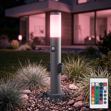 Piantana da giardino dimmerabile con telecomando segnapasso esterno con rilevatore di movimento 2x presa presa luce, acciaio inox antracite, LED RGB 8.5W 806lm bianco caldo, IP44, H 60cm (1/5)