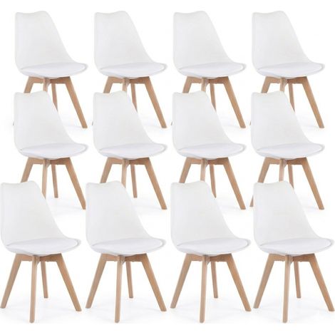 12 Chaises Tulipes Salle à Manger Scandinaves Bm Home Salle de Bureau, Pieds en Bois de Hêtre Massif, BLANCHES