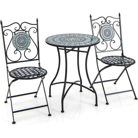 3pcs Patio Bistro Set Outdoor Mosaic Dining Set Round Table & 2 Folding Chairs (1/5)