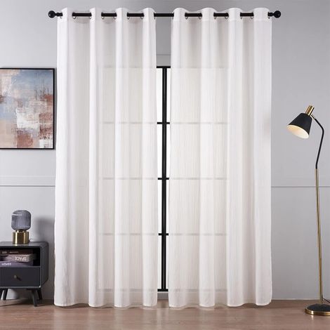 Rideau Voilage Blanc à Motif Rayures 2 Panneaux 140x145cm Oeillets Polyester Transparent Moderne Salon Chambre (1/4)