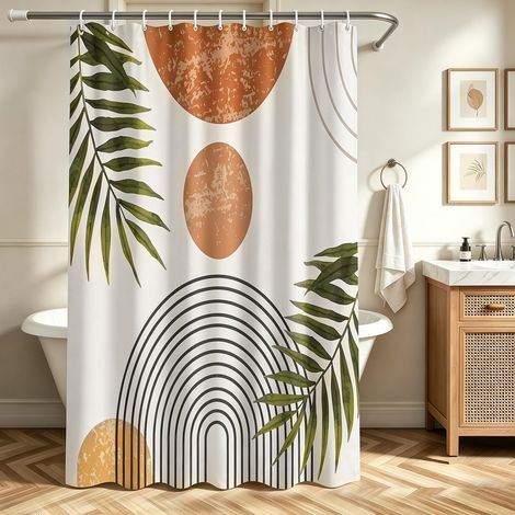 Rideau de douche 240 x 180 cm - Lignes de feuilles - Ourlet lesté - Textile anti-moisissure - Imperméable - Lavable - En polyester - Avec 16 œillets et anneaux de rideau de douche - Pour salle (1/5)