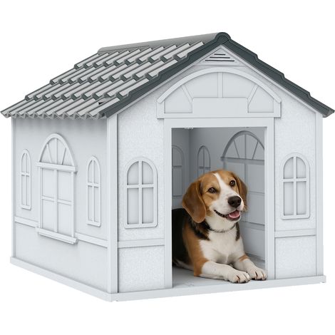 Casa para Perros 65x75,7x63 cm con Patrón de Ventana y Techo de Tejas de Imitación para Perros Medianos Gris y Blanco (1/5)