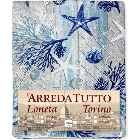 TELO ARREDO copritutto GRAN FOULARD COPRILETTO copridivano TESSUTO LONETA mare MARINO coralli BLU 2 PIAZZE