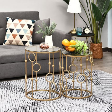 DESMIU Tables basses gigognes avec plateaux en verre trempé et structure en métal, design roues et boules, doré (1/5)