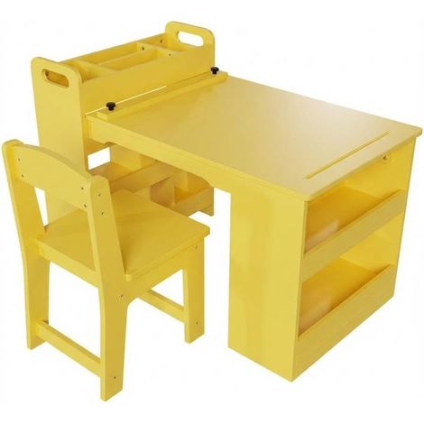 Ensemble table et 2 chaises enfant – Bureau en bois avec grand étagère, support rouleau papier, bibliothèque intégrée – Pour dessin, lecture, bricolage à la maison ou crèche – Couleur : jaune (1/5)