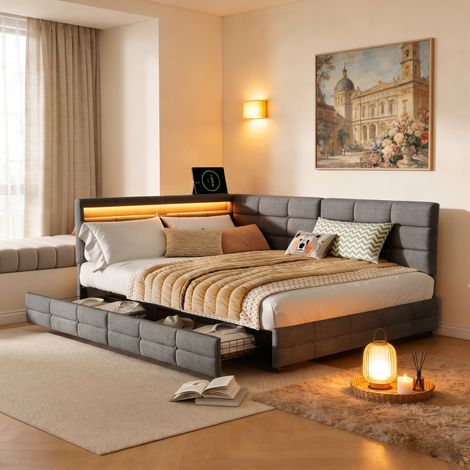 Letto  90x200 cm ，Letto singolo ，con materasso e LED RGB, letto imbottito in lino grigio, cassetto contenitore, porta USB