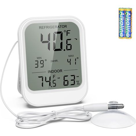 Thermometre Frigo, Thermometre Refrigerateur avec Sonde Étanche de 1,5 m, Écran LCD, MIN/MAX, Fonction Alarme, ℃/℉, Affichage Tendances, Thermomètre Hygromètre Interieur pour Aquarium, Maison (1/5)
