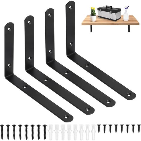 Wandregalhalterungen – 4er-Set – Robuster, schwarzer Stahl – L-förmige Halterung – Unsichtbare Befestigung für den Innen- und Außenbereich – 200 x 140 x 24 mm (1/5)