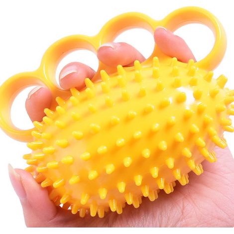 Balle de musculation pour 4 doigts, renforceur de préhension, en TPR sûr, pour la rééducation des mains, convient aux personnes âgées, aux enfants et aux adultes (jaune). (1/5)