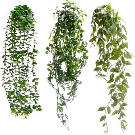 3 Pcs Plante Artificielle Tombante, Guirlande Feuilles Artificielles avec Blanc Pots, Intérieure Extérieure Decoration Artificielle Fausse Plante pour Cuisine,Jardin,Balcon, Bureau