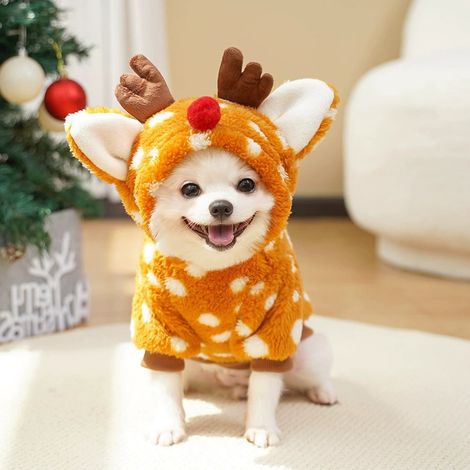 Costume Chien - Déguisement Renne Avec Corsage Et Cornes - Pull En Molleton Doux Pour Chiens Petits Et Moyens - Orange - Taille S (25 cm) (1/5)