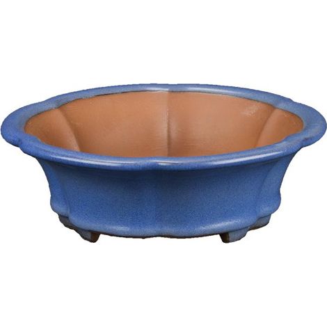 Vaso per bonsai rotondo (forma a fior di loto) in gres smaltato azzurro scuro 17x17x5 cm - ZX69 (1/2)