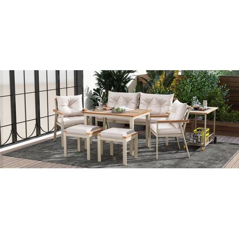 Ensemble table et chaises de jardin en bois d'acacia pour 6-7 places - Fauteuils et desserte amovible avec housse en tissu amovible et lavable pour jardin terrasse (1/5)