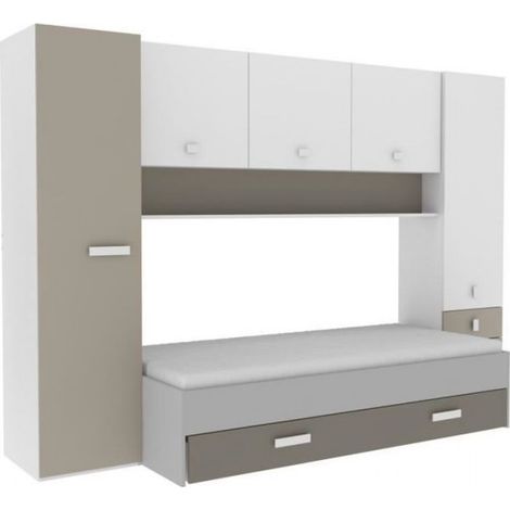 Lit gigogne enfant 90x200 cm avec tiroir de rangement – Structure panneaux de particules décor blanc/argile – TIDY – Demeyere (1/3)