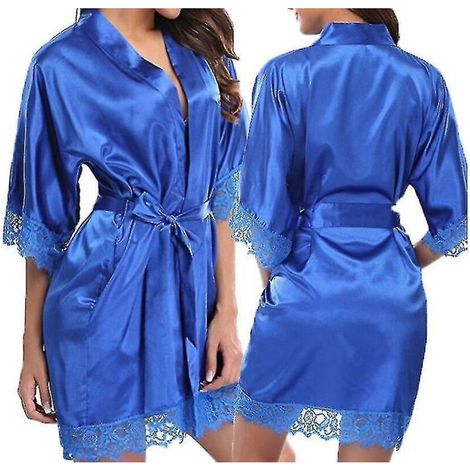 Satin-Morgenmantel für Braut/Brautjungfer, Kimono, Morgenmantel, Nachthemd, Bademantel – XL – Blau (1/4)